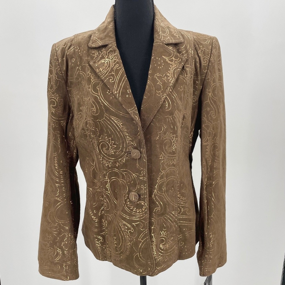 Pamela McCoy Brown Genuine Leather‎ Gold Paisley Foil Blazer Jacket Womens M NWT